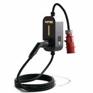 FOTEC Visio Go 22 kW AC ev şarj istasyonu ve kırmızı trifaze fiş.